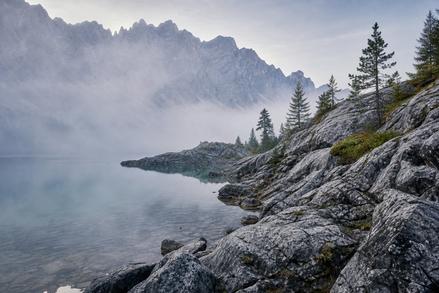 Granitfelsen und Alpensee im Morgenlicht, Bayerische Alpen