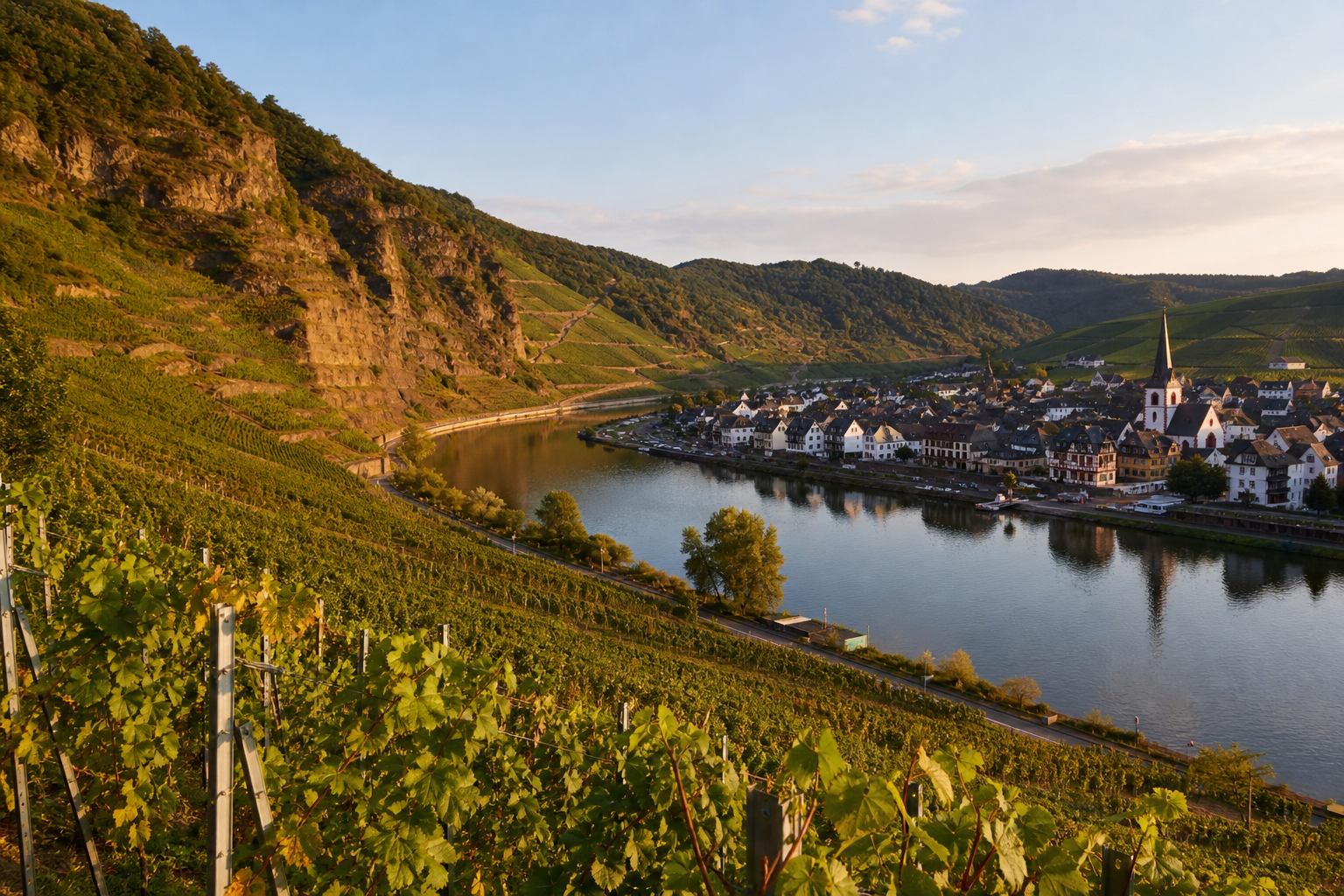 Weinberge am Moselufer bei goldenem Abendlicht