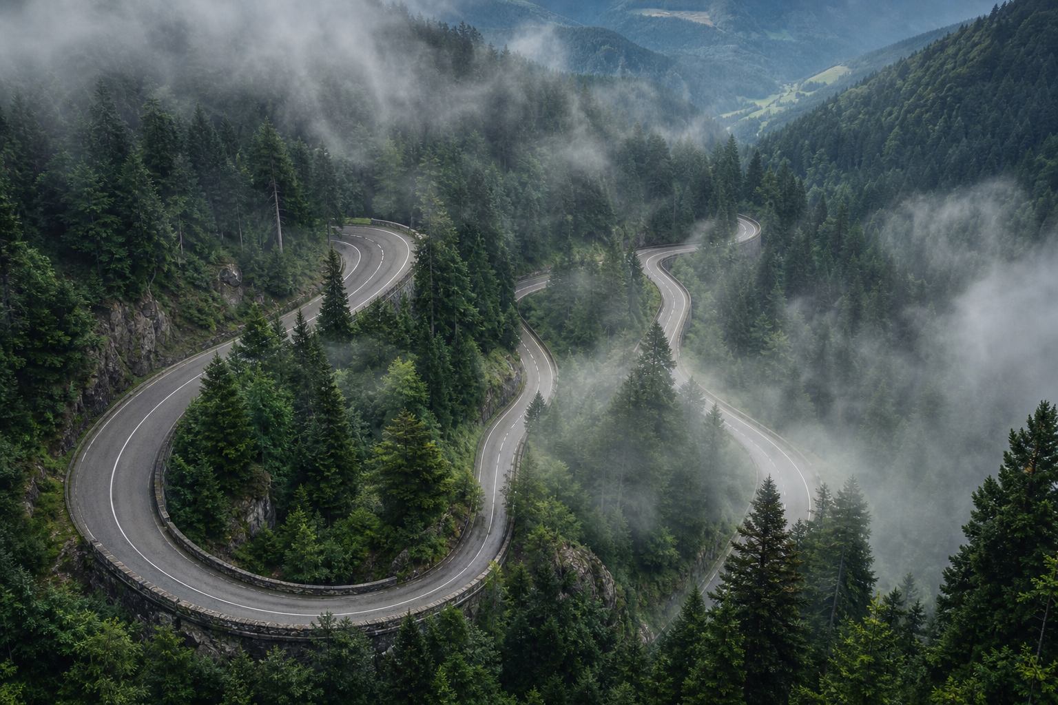 Serpentinenstraße durch den Schwarzwald mit Nebel und Nadelwäldern