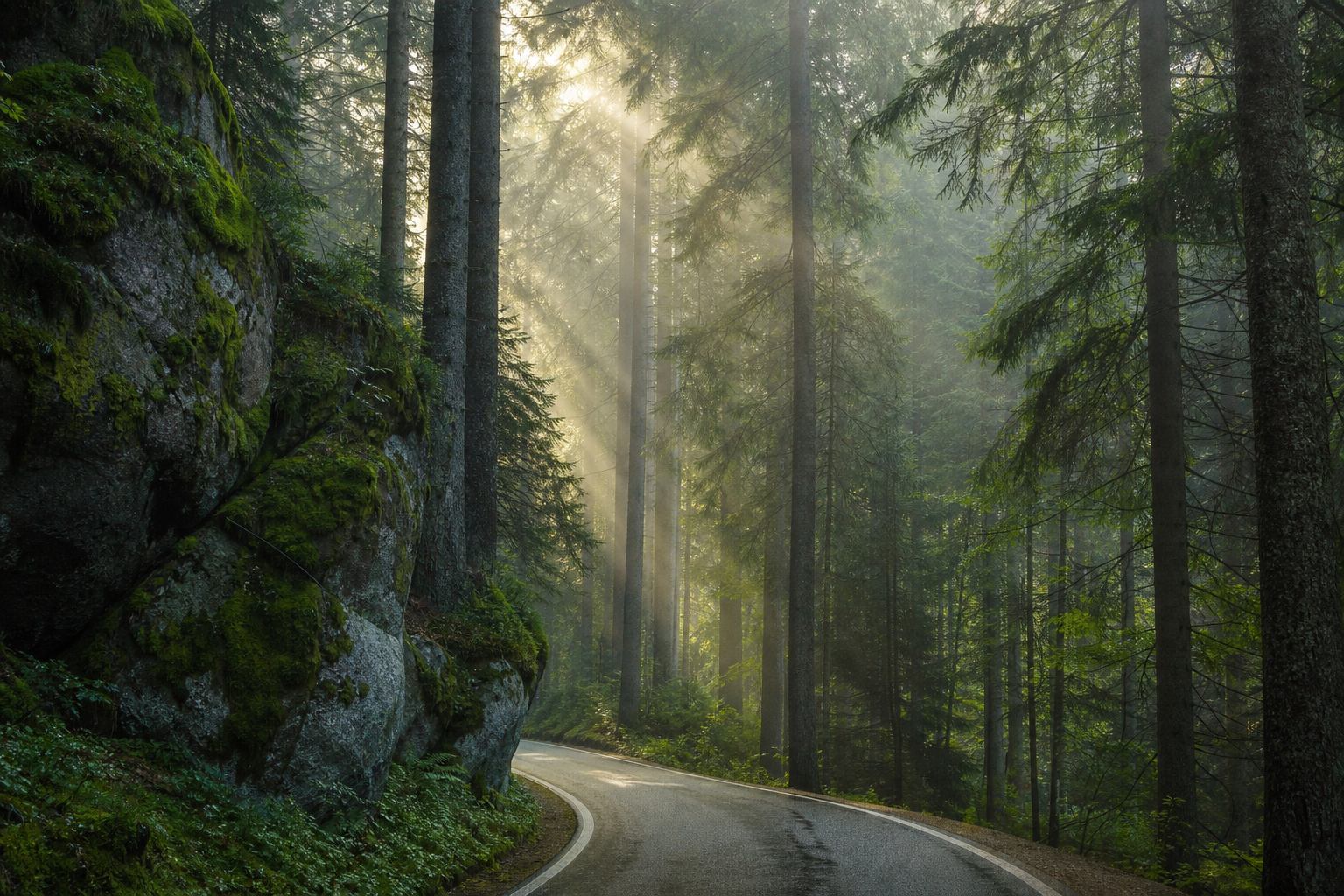 Dichter Nadelwald im Schwarzwald mit Morgennebel