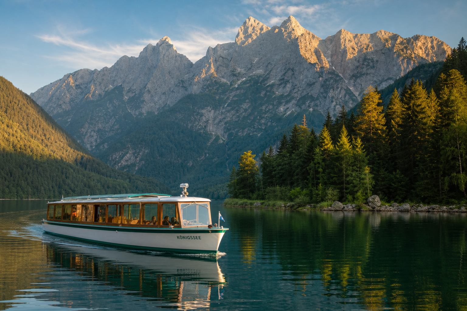 Königssee mit elektrischem Ausflugsboot und Watzmann