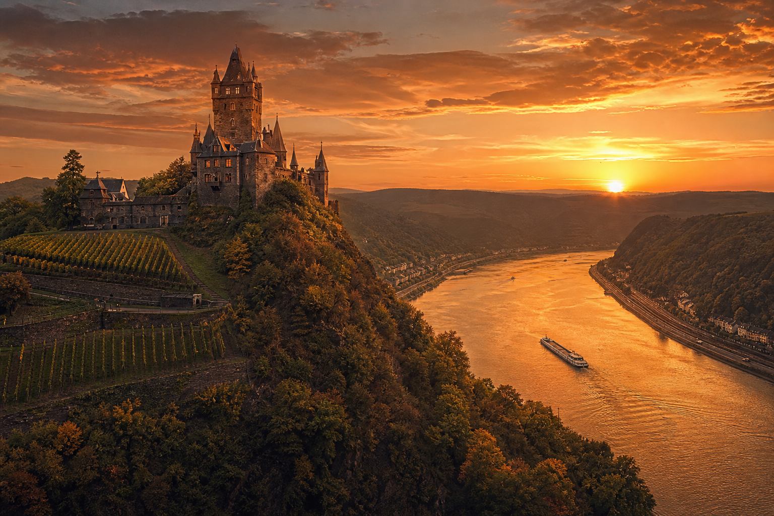 Märchenschloss an der Rheinpromenade bei Sonnenuntergang