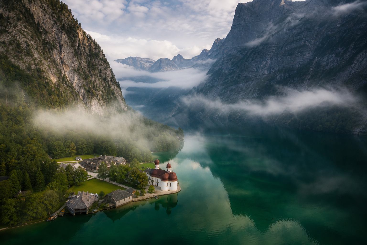 Morgendlicher Nebel über dem Königssee in Berchtesgaden